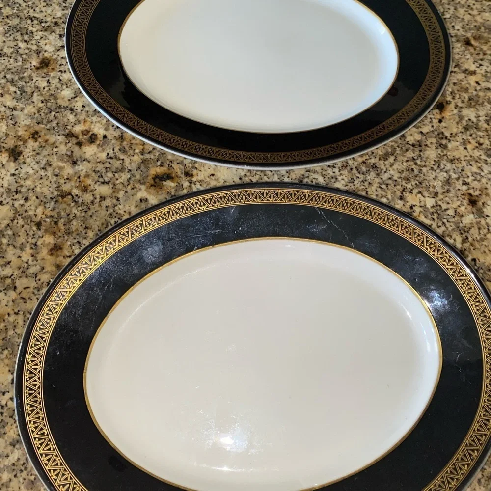 2 Mid Century Modern Shenango China Grecian Gold Black Band Oval Plates 12”x 9.5